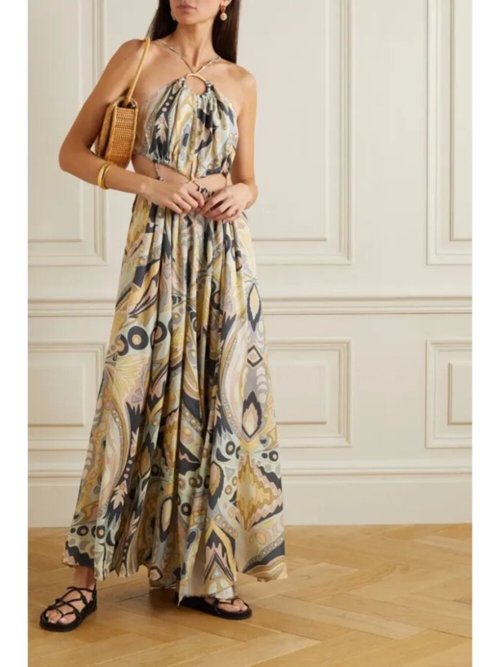 Cult Gaia Aphrodite Printed Crepe Gown Halter Cut Out Maxi Dress Resort Size